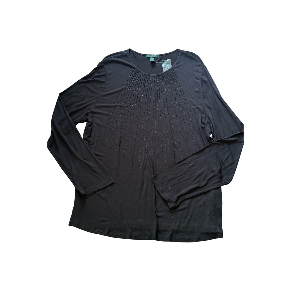 NWT Lauren Ralph Lauren Black Beaded Sunburst Long Sleeve Top 3X